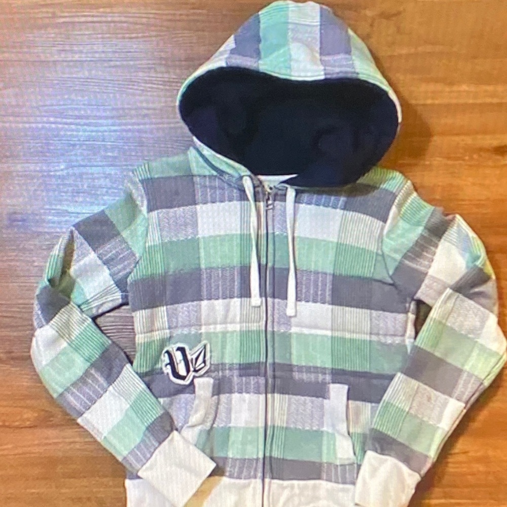 Volcom Green and Gray Plaid Hoodie